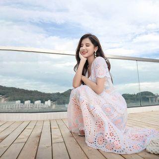Short-sleeve Printed Midi A-line Lace Dress