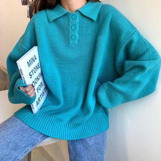 Long-sleeve Plain Collar Knit Sweater As Shown In Figure - One Size