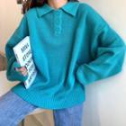 Long-sleeve Plain Collar Knit Sweater As Shown In Figure - One Size