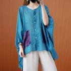 Batwing-sleeve Paneled Blouse Peacock Blue - One Size