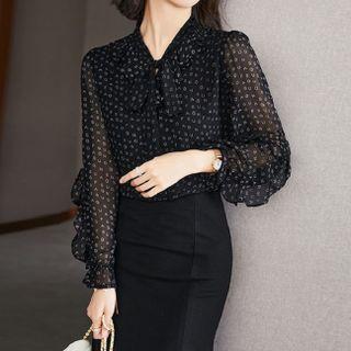 Tie-neck Lettering Print Chiffon Blouse