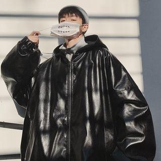 Faux-leather Hooded Zip Coat