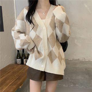 V-neck Argyle Long-sleeve Cardigan