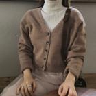 V-neck Cropped Wool Blend Cardigan Beige - One Size
