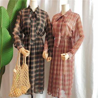 Plaid Long-sleeve A-line Midi Chiffon Dress