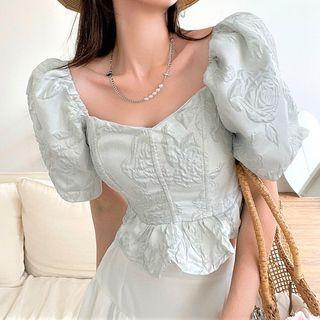 Puff-sleeve Ruffled-trim Blouse