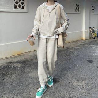 Long-sleeve Plain Cropped Hooded Zip Jacket / High-waist Plain Sweatpants