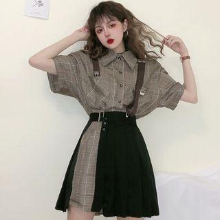 Elbow-sleeve Plaid Mini Shirt Dress / Asymmetric Pleated A-line Mini Skirt