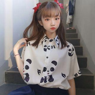 Elbow-sleeve Panda Print Shirt Panda Print - White - One Size