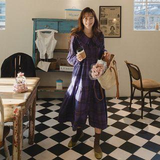 Frill-collar Plaid Tiered Long Dress Violet - One Size