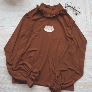 Long-sleeve Embroidered Mock-neck Top White - One Size