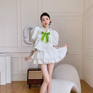 Puff-sleeve Ruffle Bow Accent Blouse / Mini A-line Skirt