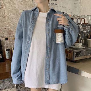 Label-detail Denim Shirt As Shown In Figure - One Size