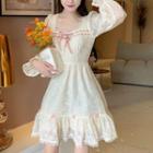 Long-sleeve Ribbon Accent Lace Mini A-line Dress