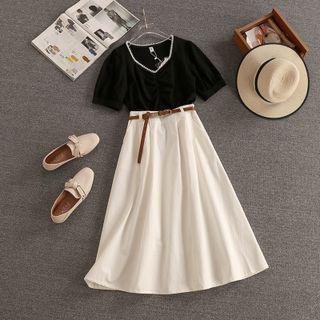 Set: Short-sleeve V-neck T-shirt + Midi A-line Skirt