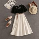 Set: Short-sleeve V-neck T-shirt + Midi A-line Skirt
