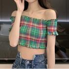 Cold-shoulder Cropped Plaid Blouse Green - One Size