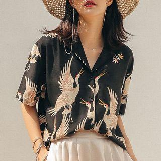 Short-sleeve Crane Print Shirt Shirt - Black - One Size