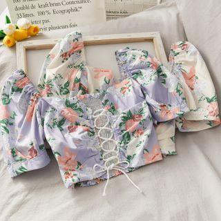 Lace Up-front Flower-print Crop Blouse