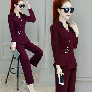 Set: Asymmetric Peplum Blouse + Straight-cut Pants