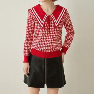 Houndstooth Sailor-collar Knit Top