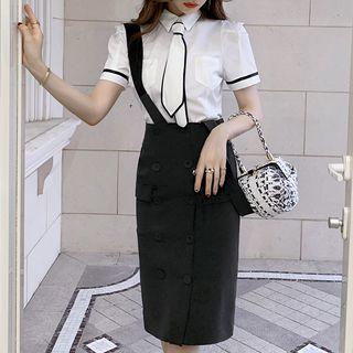 Neck Tie Short-sleeve Shirt / Suspender Midi Skirt