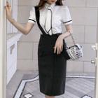 Neck Tie Short-sleeve Shirt / Suspender Midi Skirt
