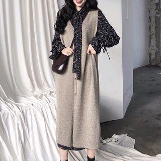 Tie Neck Long-sleeve A-line Dress / Plain Sleeveless Knit Dress