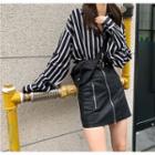 Striped Shirt / Faux Leather A-line Skirt