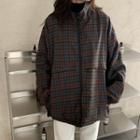 Plaid Zip-up Jacket Brown & Gray - One Size