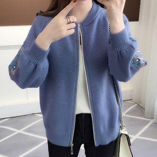Flower Embroidered Zip-up Cardigan