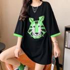Elbow-sleeve Rhinestone Print T-shirt
