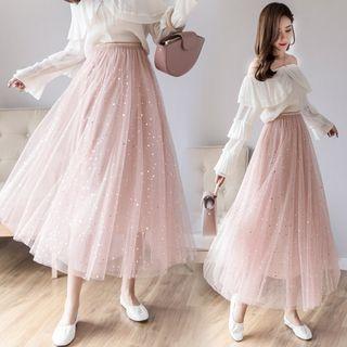 Set: Mesh Overlay Midi A-line Skirt + Star Sequined Midi Mesh Skirt