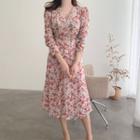 V-neck Flower Print A-line Midi Dress Pink - One Size