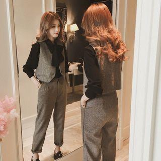 Set: Tie Neck Blouse + Vest + Dress Pants