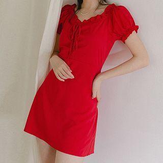 Ruffle Trim Puff-sleeve Mini A-line Dress