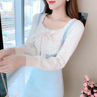 Long-sleeve Tie-front Knit Mini Bodycon Dress
