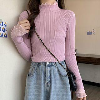 Long-sleeve Semi Turtleneck Plain Panel Lace Trim Ribbed Knit Top