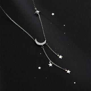 Moon & Star Rhinestone Pendant Sterling Silver Necklace Necklace - S925 Silver - Silver - One Size