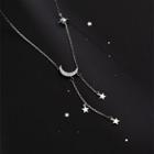 Moon & Star Rhinestone Pendant Sterling Silver Necklace Necklace - S925 Silver - Silver - One Size