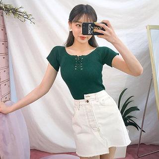 Lace-up Slim-fit Rib-knit Top