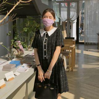 Contrast-collar Pleated Tweed Dress Black - One Size