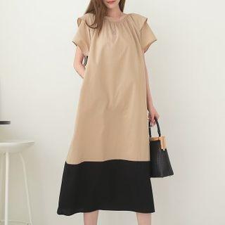 Layered-sleeve Contrast-hem Long Dress