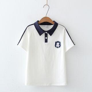 Short-sleeve Bear Embroidered Collared T-shirt White - One Size