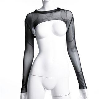 Mesh Turtle-neck Long-sleeve Crop Top