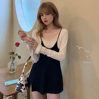 Long-sleeve Cutout T-shirt / Mini Pinafore Dress