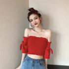 Off-shoulder Bow-accent Cropped Lightweight Knit Top
