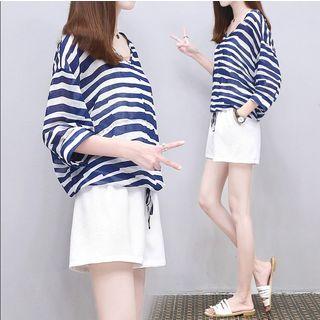 Set: Striped 3/4-sleeve T-shirt + Wide-leg Shorts