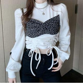 Long-sleeve Mock Two-piece Drawstring Top