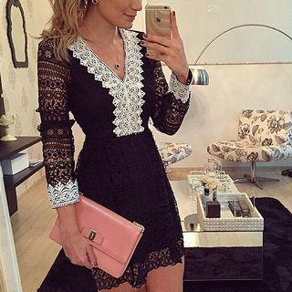 Long-sleeve Contrast-color Lace Dress
